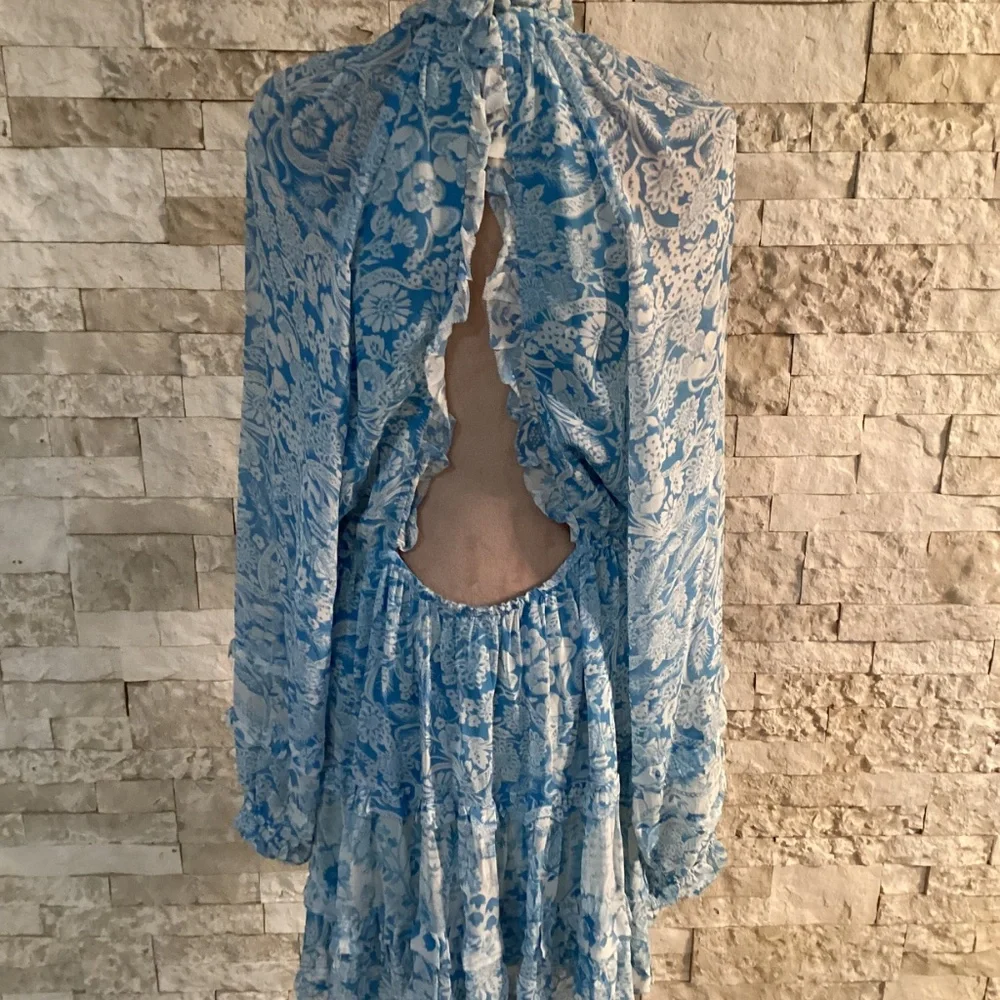 By Anthropologie Long-Sleeve Backless Sheer Ruffle Mini Dress - Picture 7 of 16